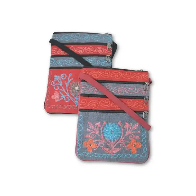 Jari Embroidered Cotton 3-Zip Passport Bag