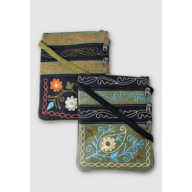 Jari Embroidered Cotton 3-Zip Passport Bag