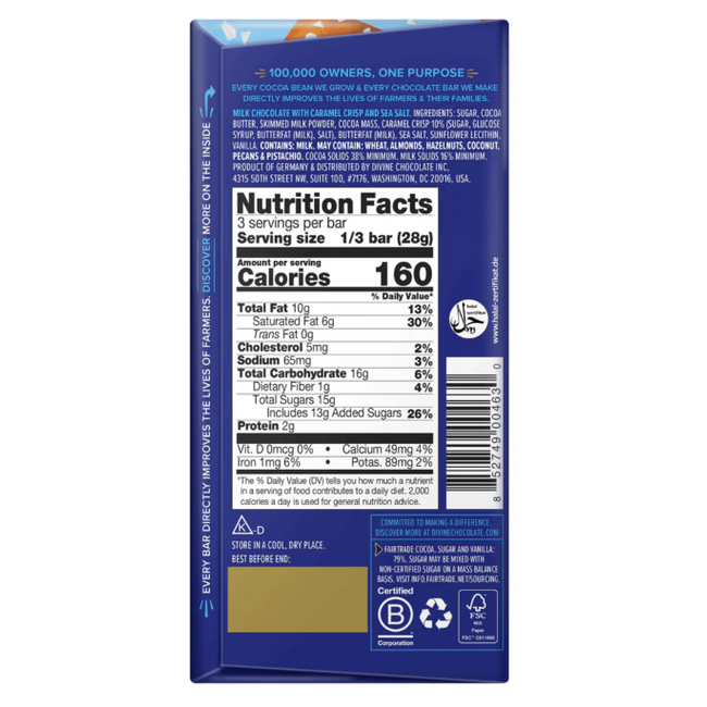 Divine Chocolate Bar 85g Toffee & Sea Salt Milk 38%