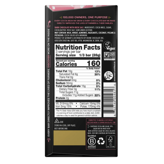 Divine 60% Pink Himalayan Salt Dark Chocolate Bar 85g