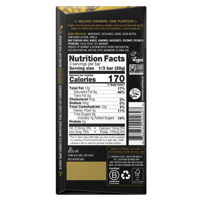 Divine 70% Dark Chocolate Bar 85g