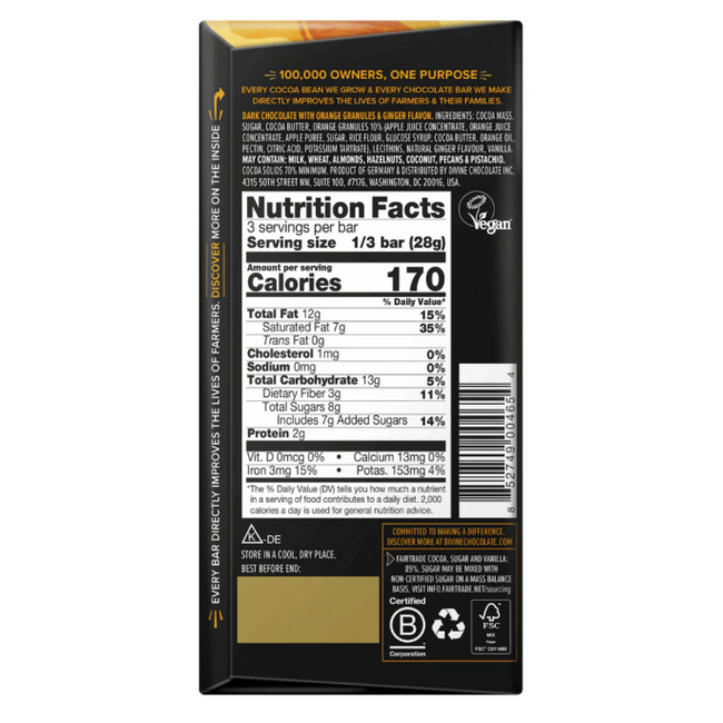 Divine 70% Ginger & Orange Dark Chocolate 85g