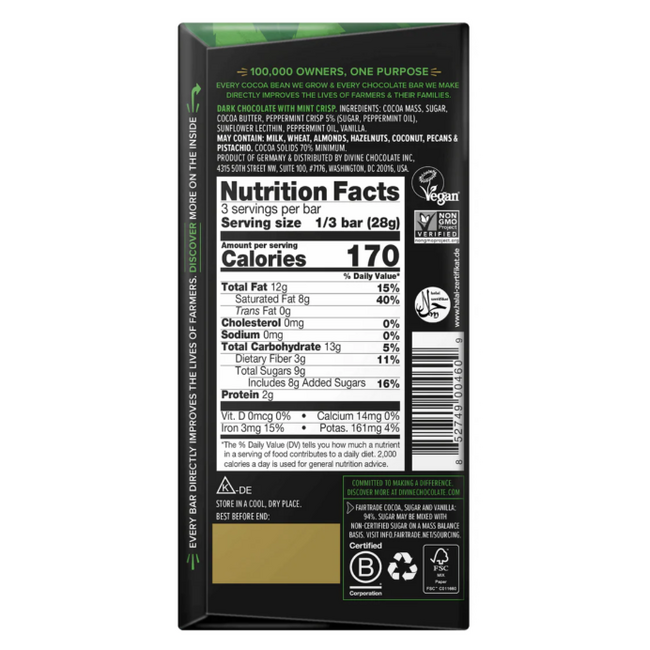 Divine Chocolate Bar 85g Mint Crisp Dark 70%