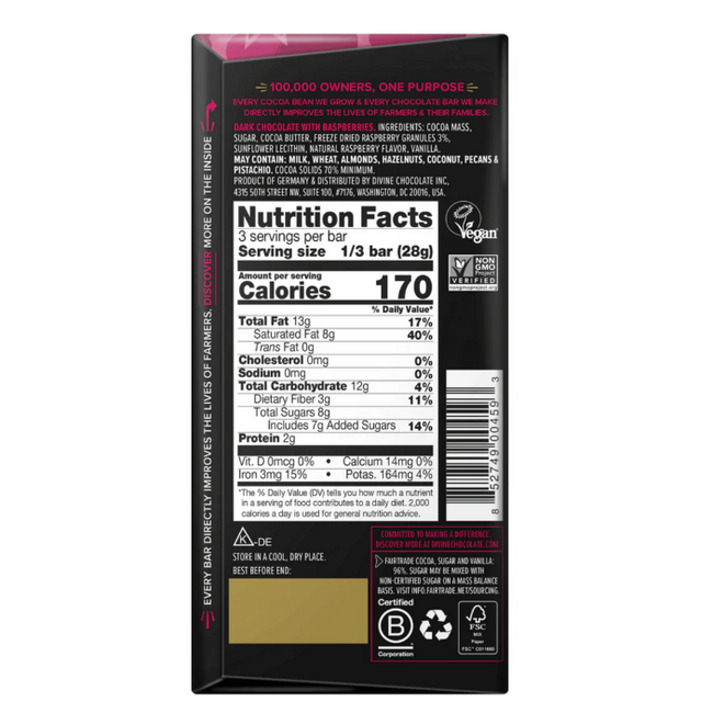 Divine Chocolate Bar 85g Raspberries Dark 70%