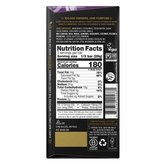 Divine 85% Dark Chocolate Bar 85g