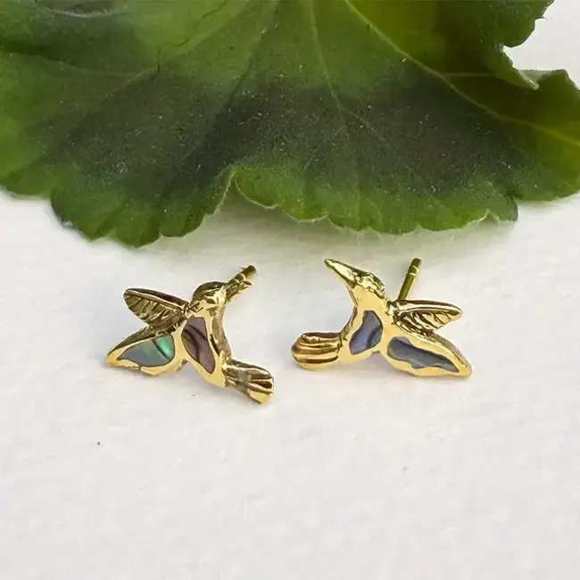 Abalone Hummingbird Studs - Brass