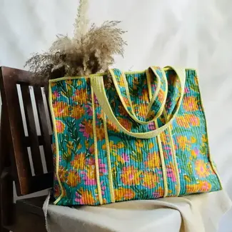India Blockprinted Zippered Floral Tote Bag - Bright Floral on Turquoise