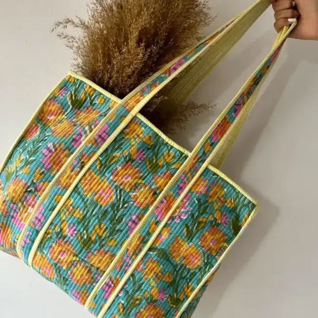 Blockprinted Zippered Floral Tote Bag - Bright Floral on Turquoise