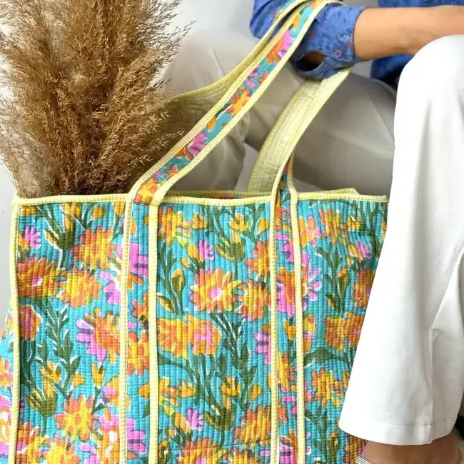 Blockprinted Zippered Floral Tote Bag - Bright Floral on Turquoise