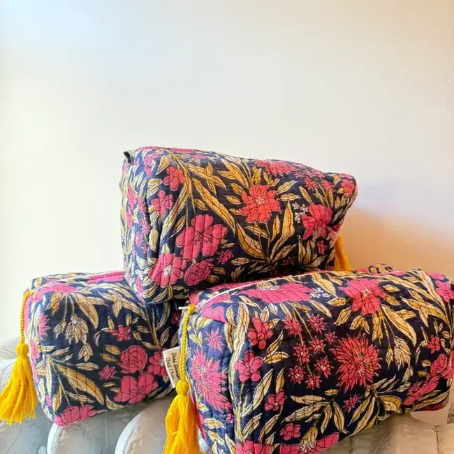 Blockprinted Large Waterproof Toiletry Pouch - Red/Pink Florals on Black