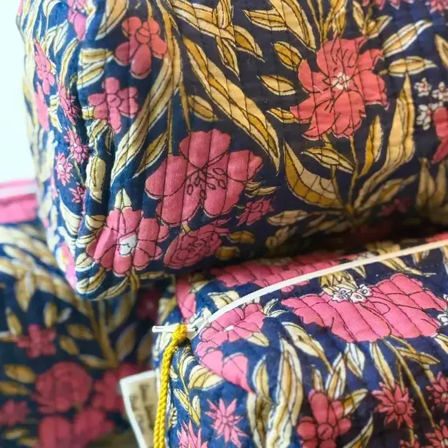 Blockprinted Large Waterproof Toiletry Pouch - Red/Pink Florals on Black