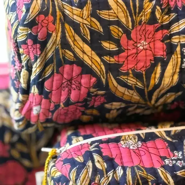 Blockprinted Large Waterproof Toiletry Pouch - Red/Pink Florals on Black