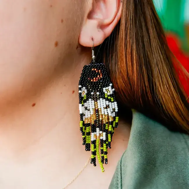 Earrings - Fringe Beaded Gold Moonlight Moth