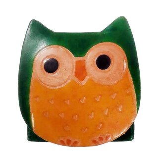 India Leather Coin Purse - Green Owl