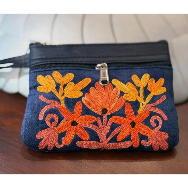 Wristlet - Small Embroidered Leather & Velvet