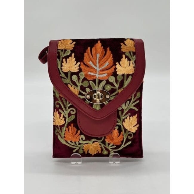 Bag - Phone Purse Embroidered Leather & Velvet Double Pocket