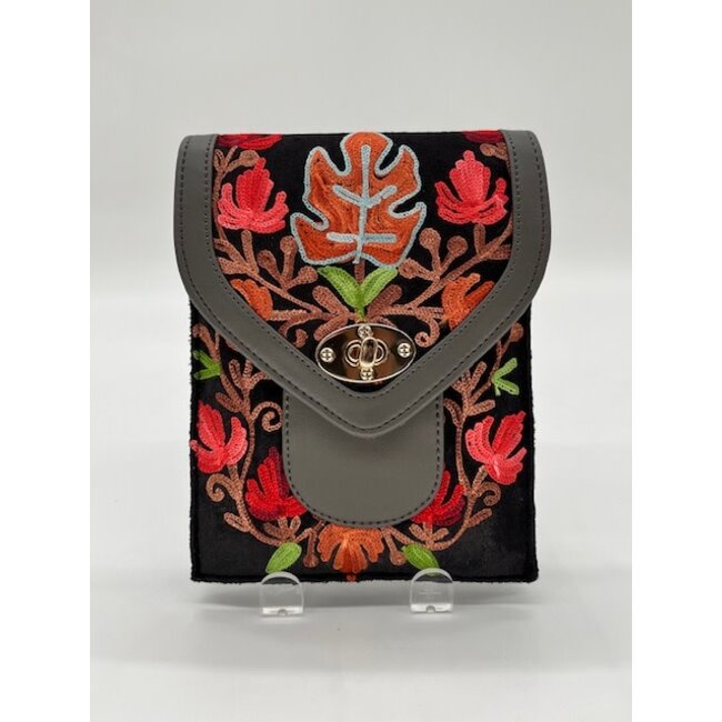 Bag - Phone Purse Embroidered Leather & Velvet Double Pocket