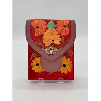 Kashmir Bag - Phone Purse Embroidered Leather & Velvet Double Pocket