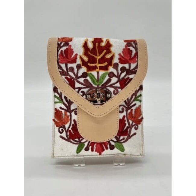 Bag - Phone Purse Embroidered Leather & Velvet Double Pocket