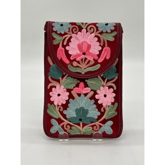 Bag - Phone Purse Embroidered Leather & Velvet Single Pocket