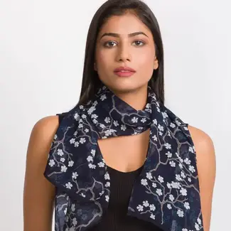 India Scarf - Cupro Sahila Navy & White Blossom
