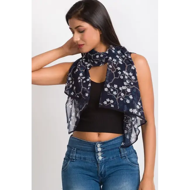 Scarf - Cupro Sahila Navy & White Blossom