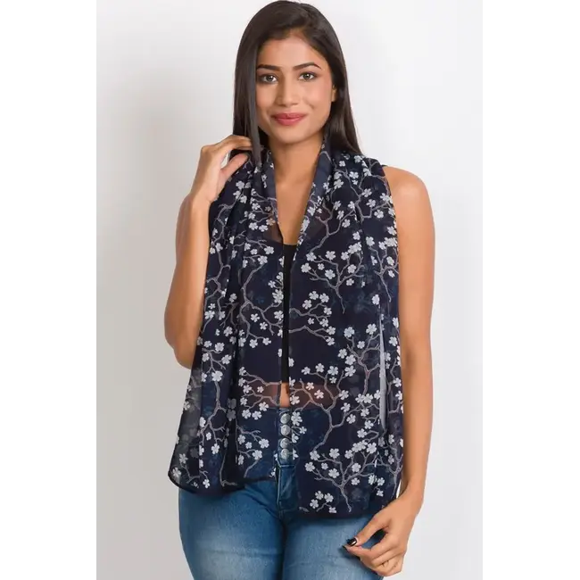 Scarf - Cupro Sahila Navy & White Blossom