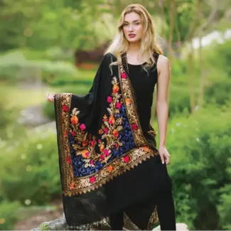 India Shawl - Karuna Embroidered Black & Sapphire
