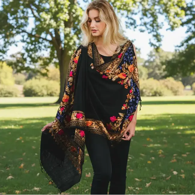 Shawl - Karuna Embroidered Black & Sapphire