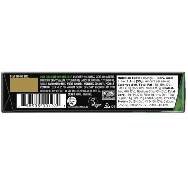 Divine Chocolate Snack Bar 35g Dark Mint 70%