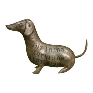 India Metal Sculpture - Recycled Paint Can Sitting Sausage Dog