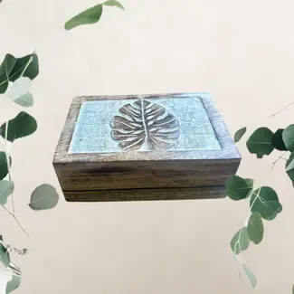 India Keepsake Box - White Washed Monstera Leaf