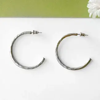 India Earrings - Textured Twig Silver Hoops