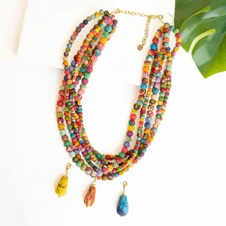 India Necklace - Multistrand Kantha Dripping Charm
