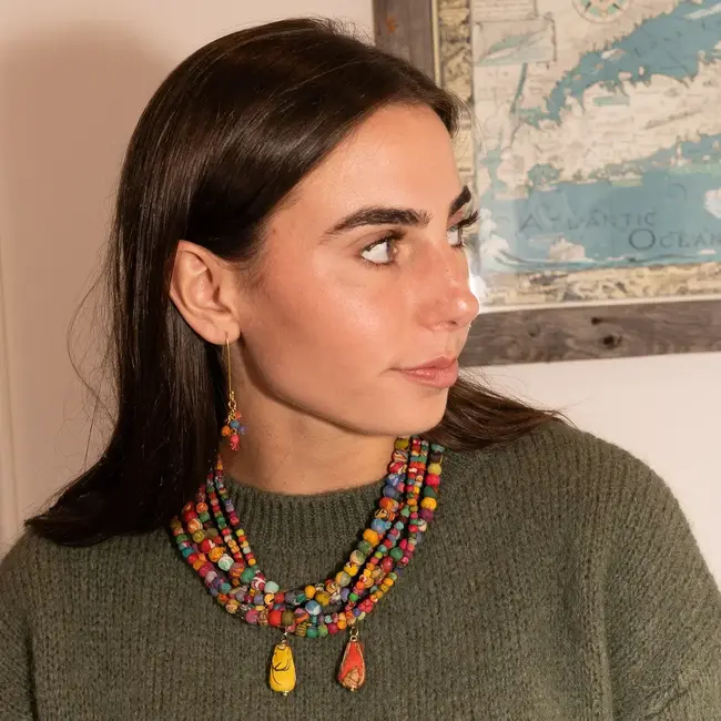 Necklace - Multistrand Kantha Dripping Charm