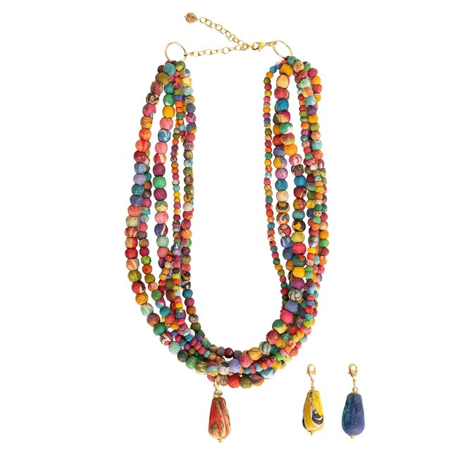 Necklace - Multistrand Kantha Dripping Charm
