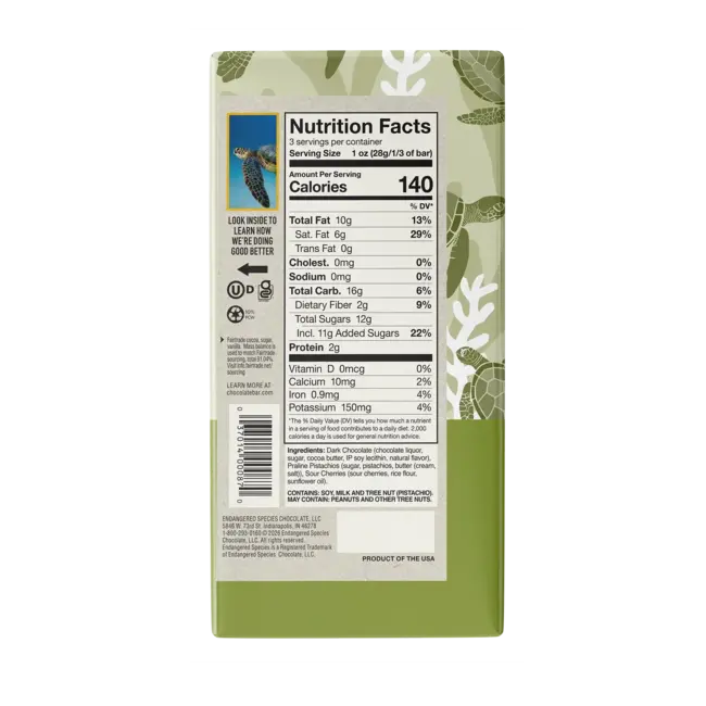 Endangered Species Chocolate Bar 85g Pistachio Cherry Dark 60%