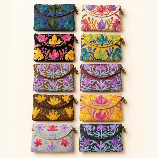 Coin Purse - Embroidered Recycled Leather