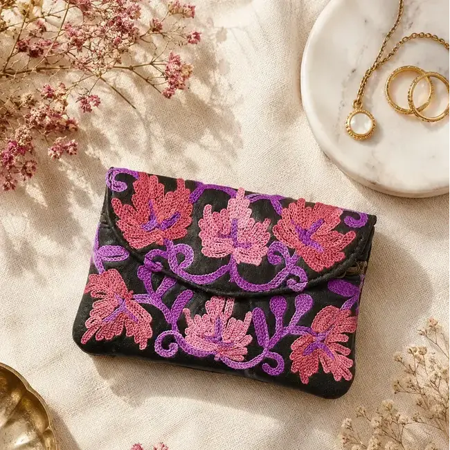 Coin Purse - Embroidered Recycled Leather