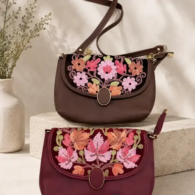 Bag - Embroidered Velvet & Vegan Leather w/ Clasp