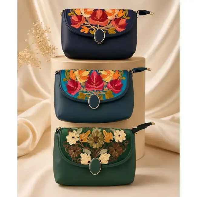 Bag - Embroidered Velvet & Vegan Leather w/ Clasp