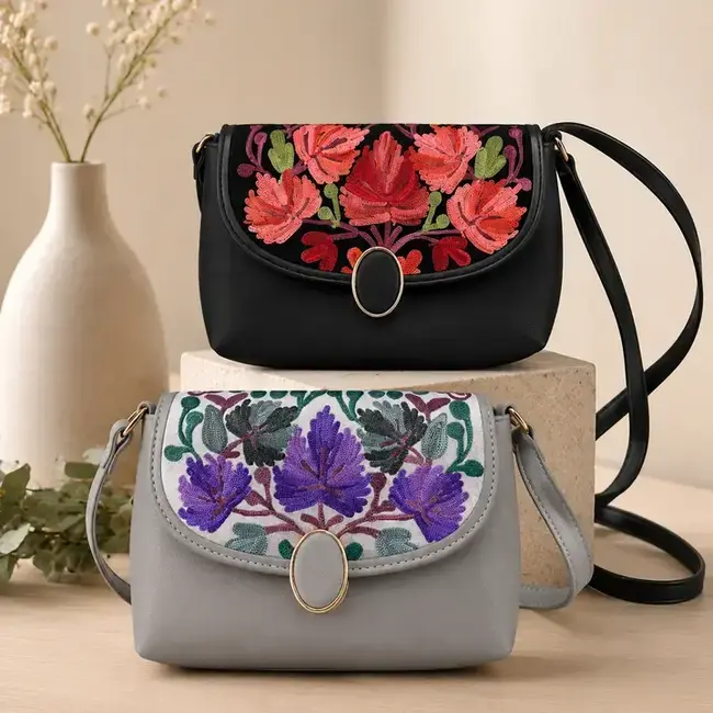 Bag - Embroidered Velvet & Vegan Leather w/ Clasp