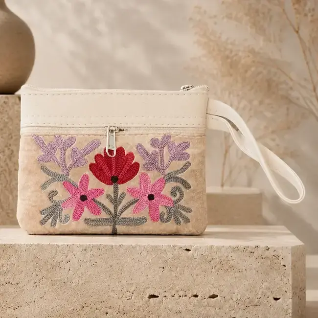 Wristlet - Small Embroidered Leather & Velvet