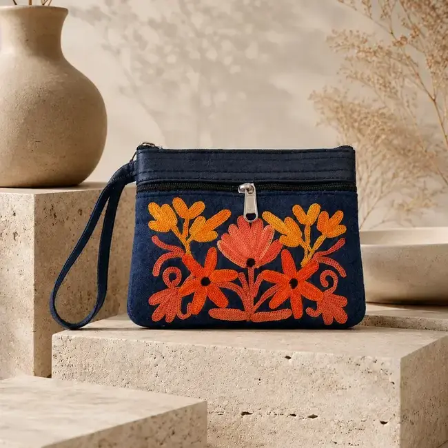 Wristlet - Small Embroidered Leather & Velvet