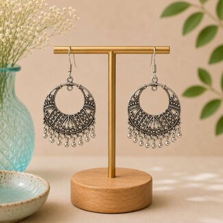 India Earrings - Folk Style Circle w/Hanging Beads