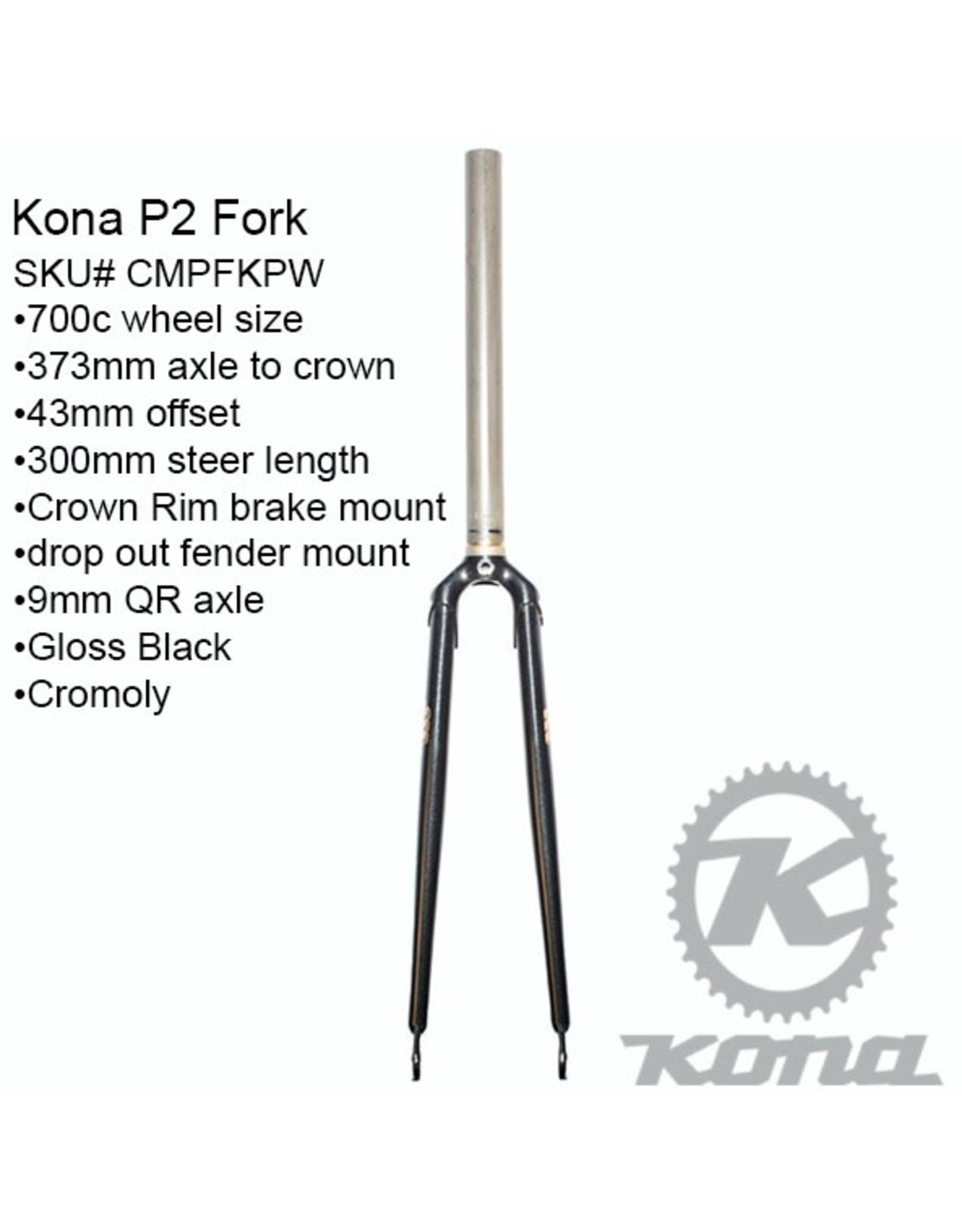 KONA Kona 700c Road Fork - Cromoly - Crown/Rim Brake - Fender Mount - A/C:373mm, OF:43mm, Tapered Steer:L300mm, QR 700c Retro Road/Padd