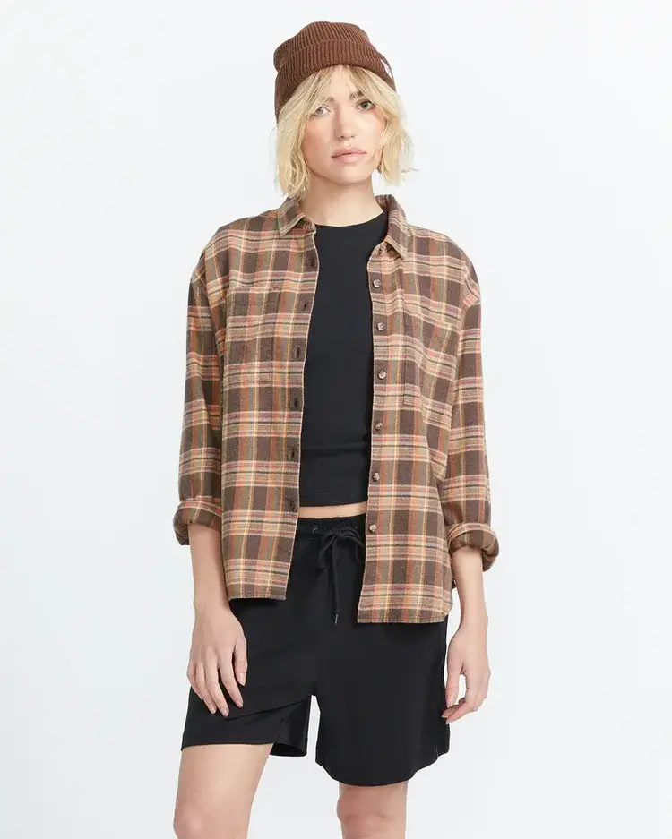 VOLCOM WOMEN'S PLAID TO MEET U 2 L/S | VINTAGE BROWN