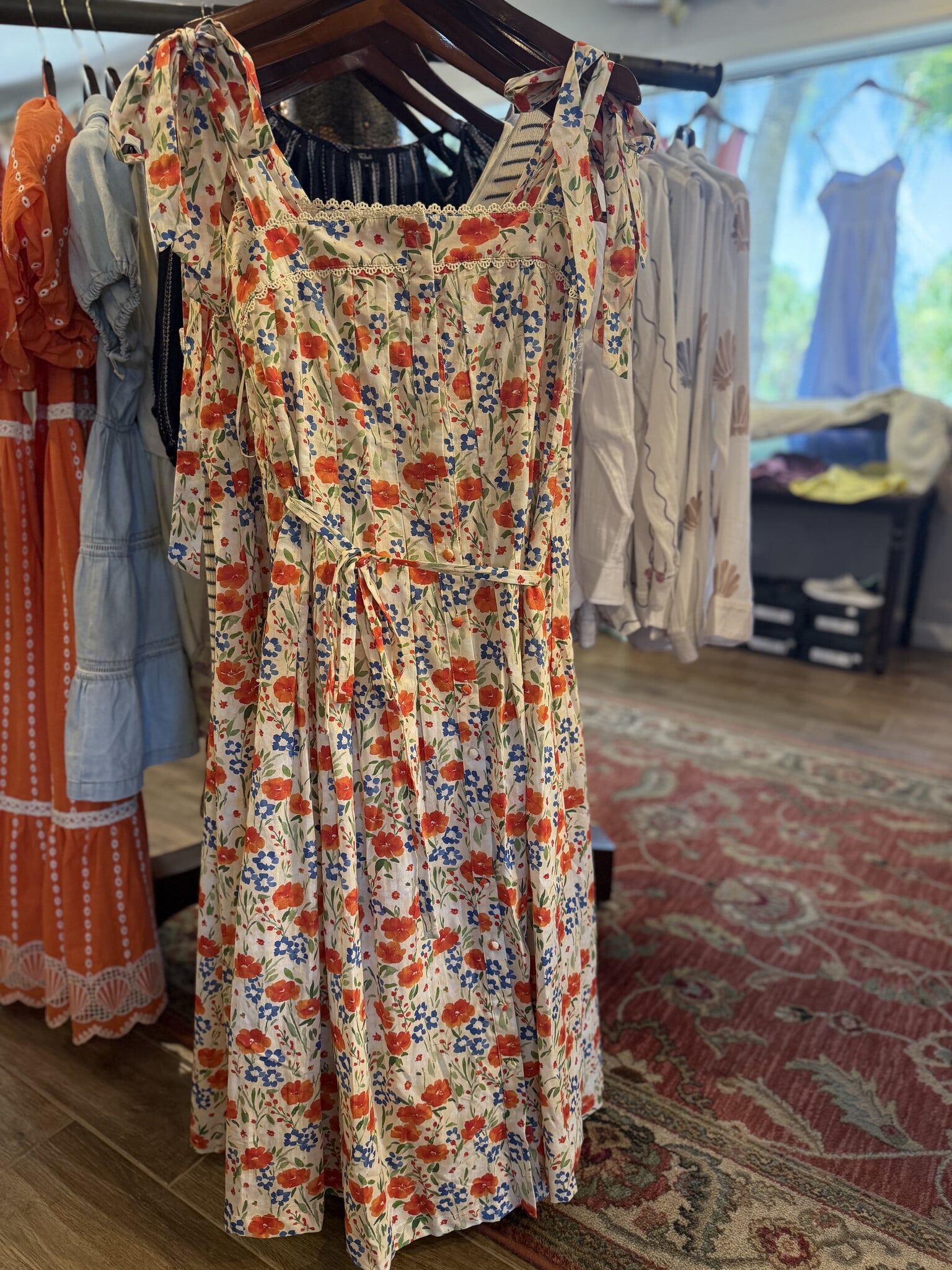 AIP Outfitters Cam Orange Floral Print Tie Shoulder Belted Midi Dress