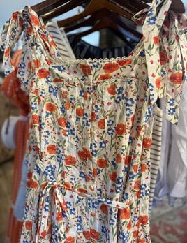 AIP Outfitters Cam Orange Floral Print Tie Shoulder Belted Midi Dress