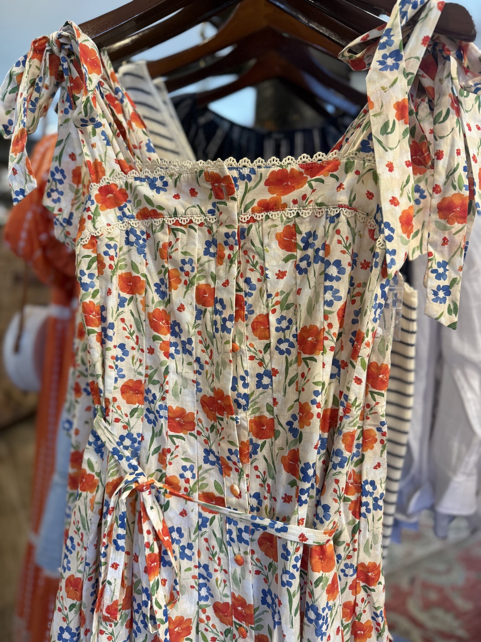 AIP Outfitters Cam Orange Floral Print Tie Shoulder Belted Midi Dress